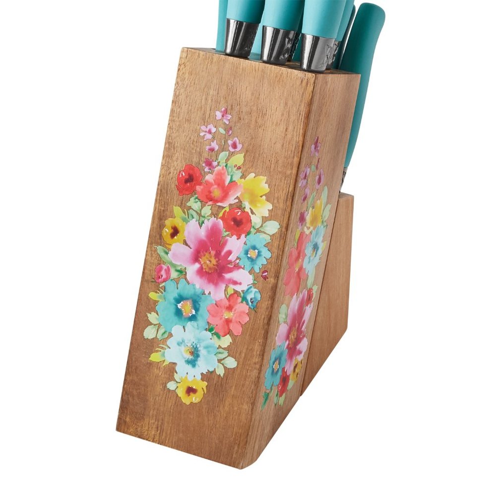 NWT The Pioneer Woman Sweet Rose 11-Pc Stainless Steel Knife Block Set in Teal - Picture 3 of 5